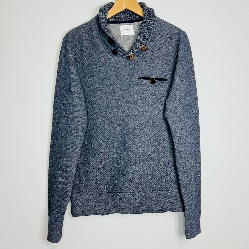 Billy Reid Heathered Blue 1/4 Shiloh Shawl Collar Knit Sweater